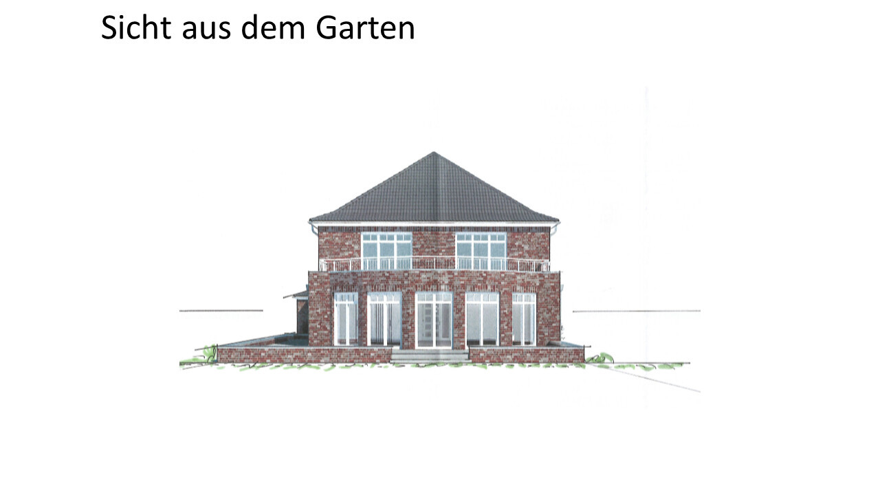 Zweistöckiges rotes Backsteinhaus mit grauem Dach, vorderer Treppenaufgang und Garten.
