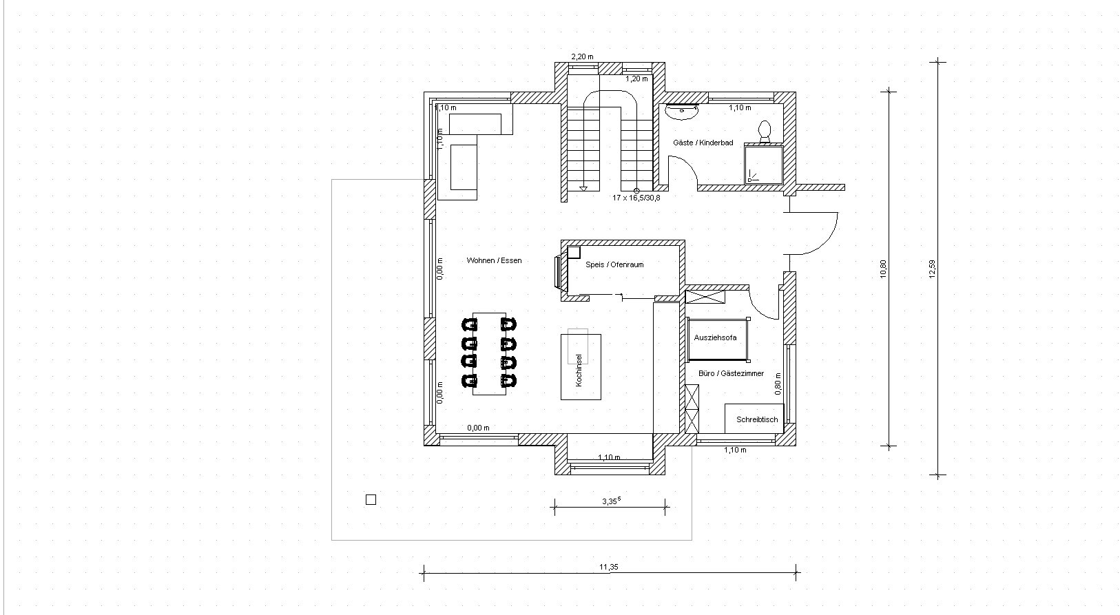 2D floor plan of a house with living area, kitchen, dining area and bedroom