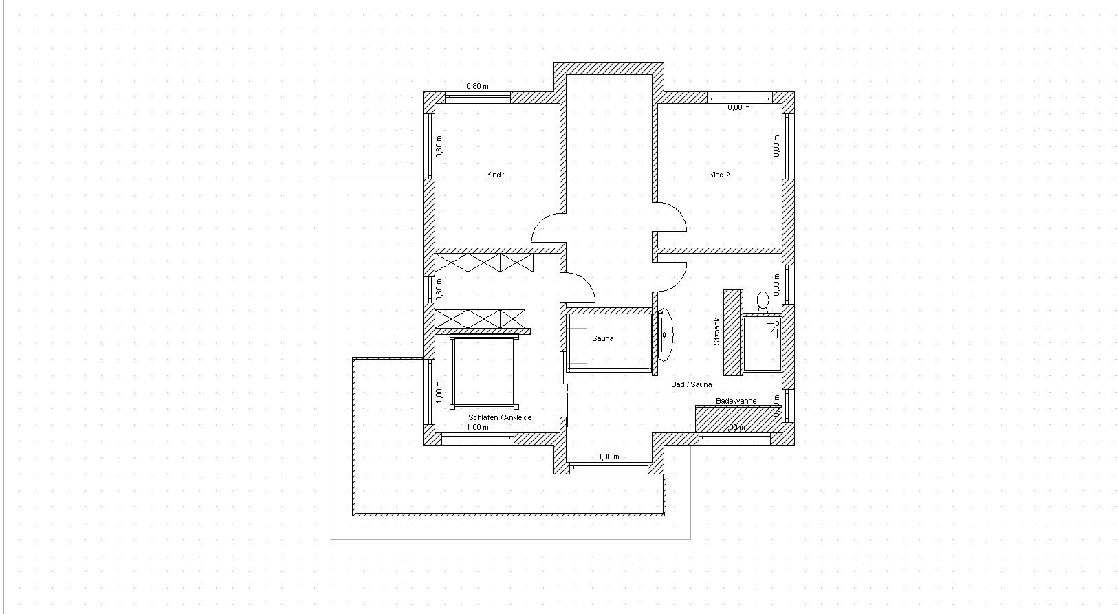 Floor plan of a house with two children’s bedrooms, master bedroom, sauna and bathroom.
