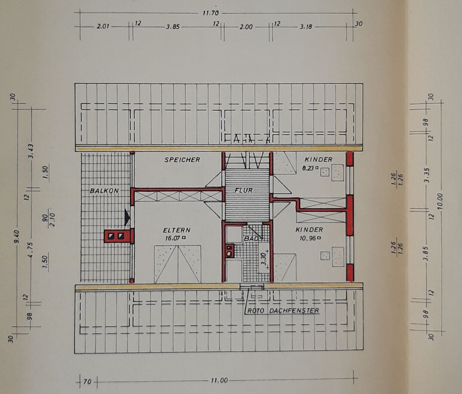Floor plan of an attic with master and children’s bedrooms, hallway, bathroom, balcony, storage room.