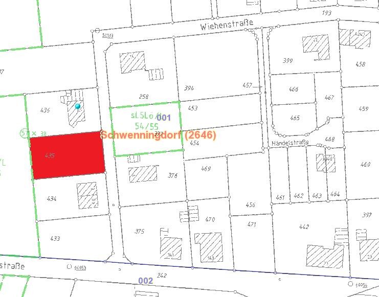 Map image of a building plot with red marked plot, green outline and street names visible