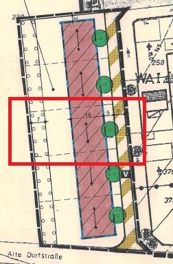 Site plan with red rectangle around building area next to Alte Dorfstraße and trees