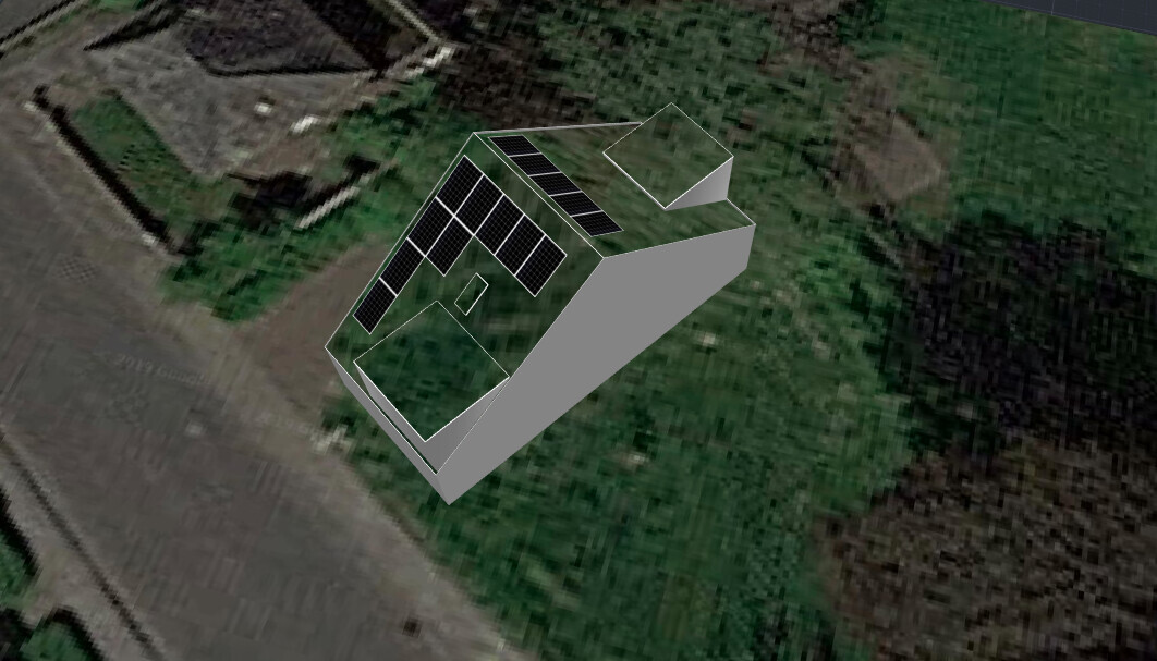 3D house with solar panels on the roof, floating over a satellite image of the landscape.