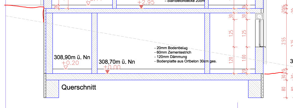 Cross-section of a floor construction with floor covering, cement screed, insulation and floor slab.