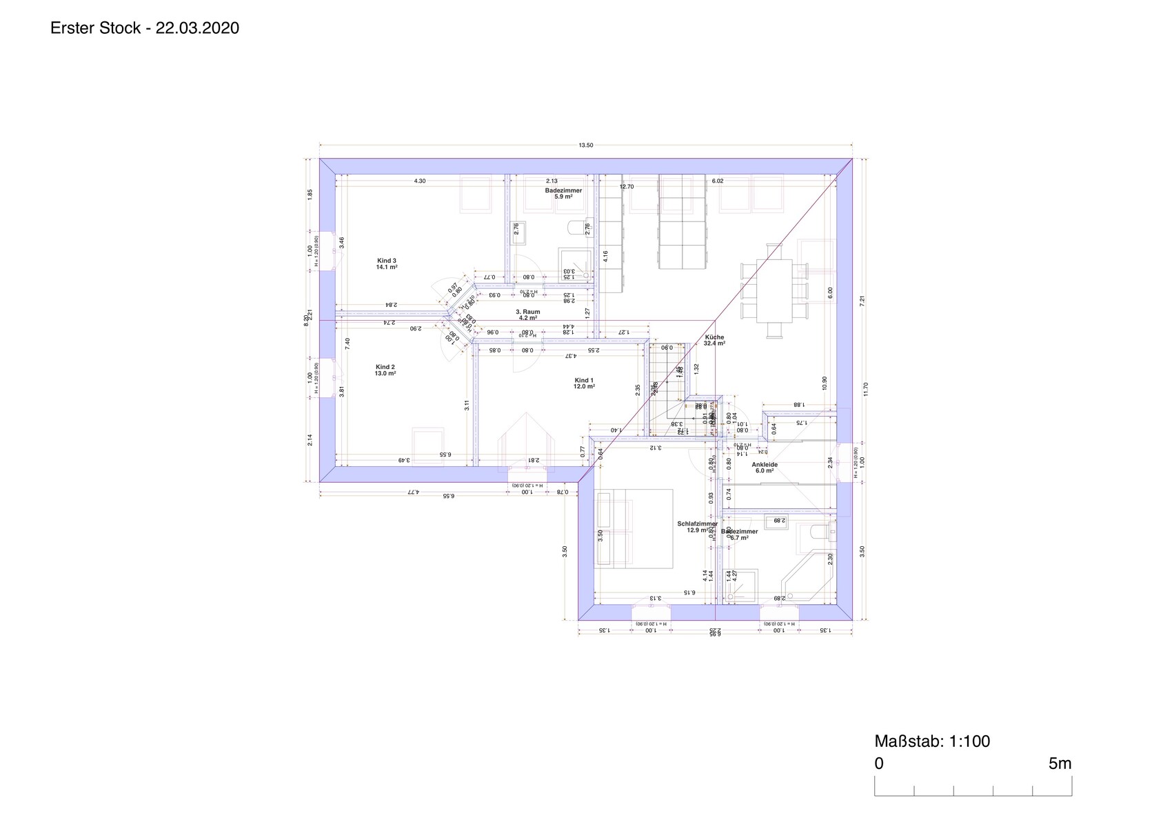 First floor plan with bedroom, walk-in closet, kitchen, bathroom, and three children’s rooms