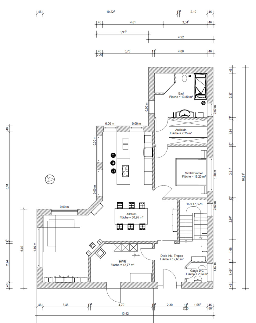 Floor plan: open kitchen, dining area, living room, hallway, bathroom, bedroom, utility room, guest WC.