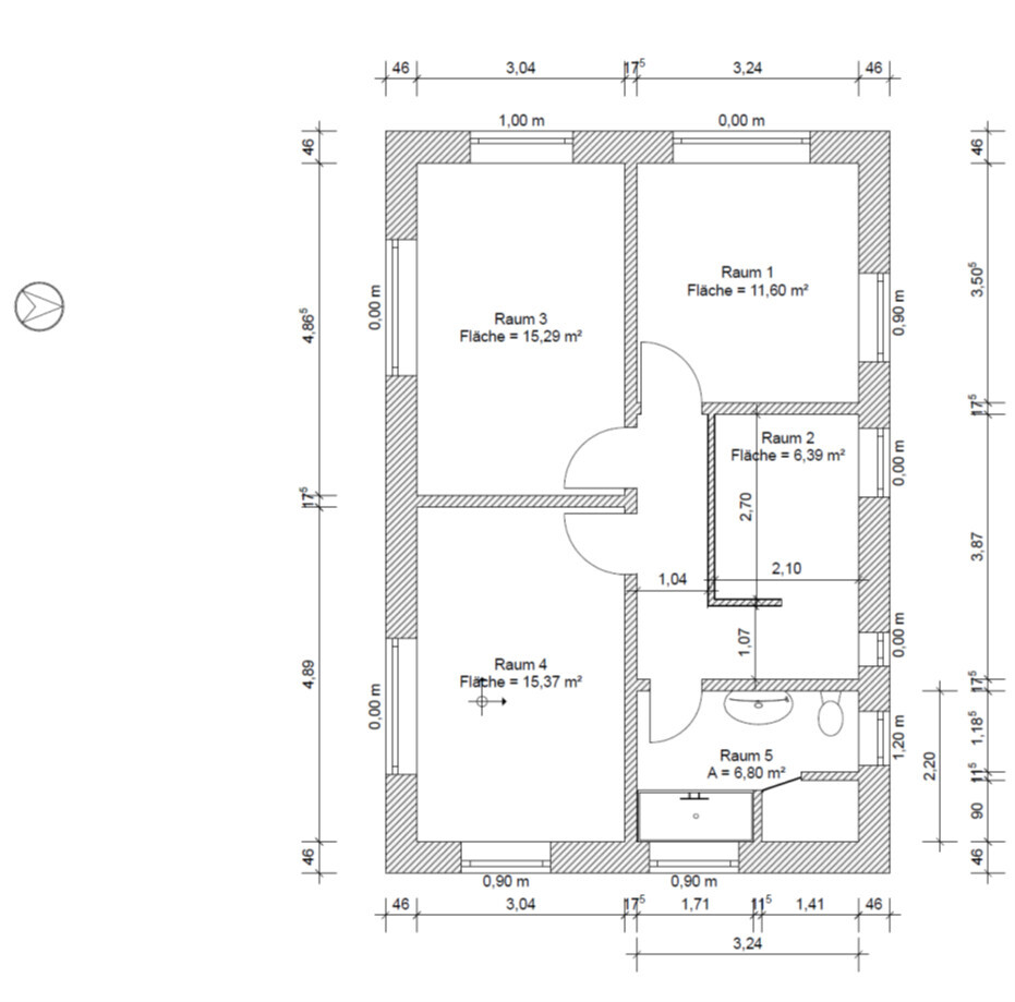 Floor plan of a building with five rooms (Room 1-5) and area information in sqm.