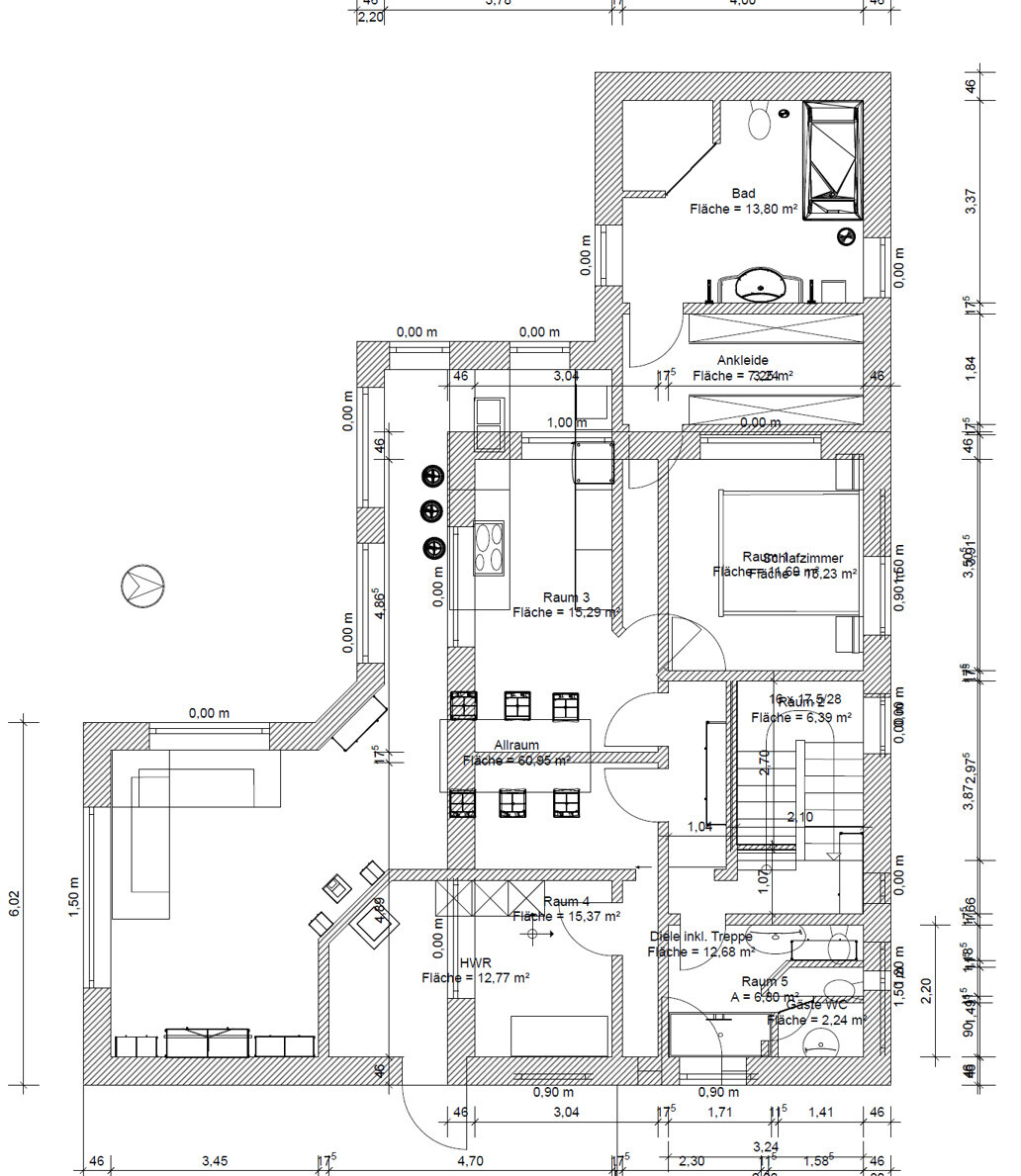 Floor plan of a residential house: bathroom, dressing room, living area, kitchen, bedroom, hallway, utility room, stairs.