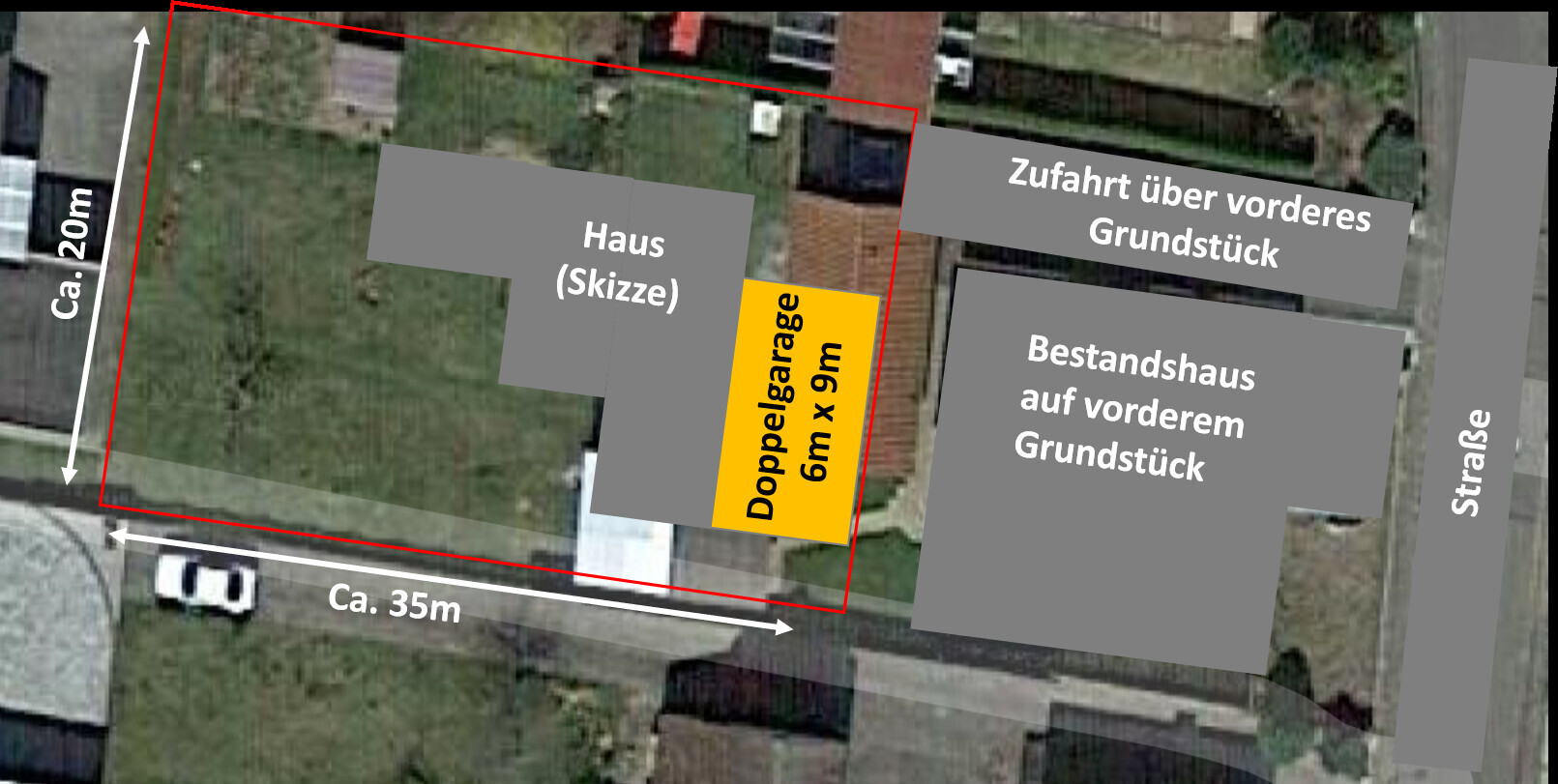 Site plan: house (sketch), yellow double garage 6m×9m (20ft×30ft), driveway, existing house, road on right