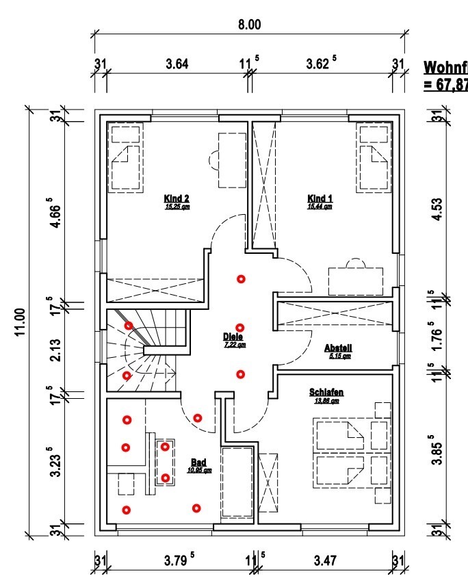 Grundriss eines Hauses mit zwei Kinderzimmern, Schlafzimmer, Bad, Diele und Abstellraum.