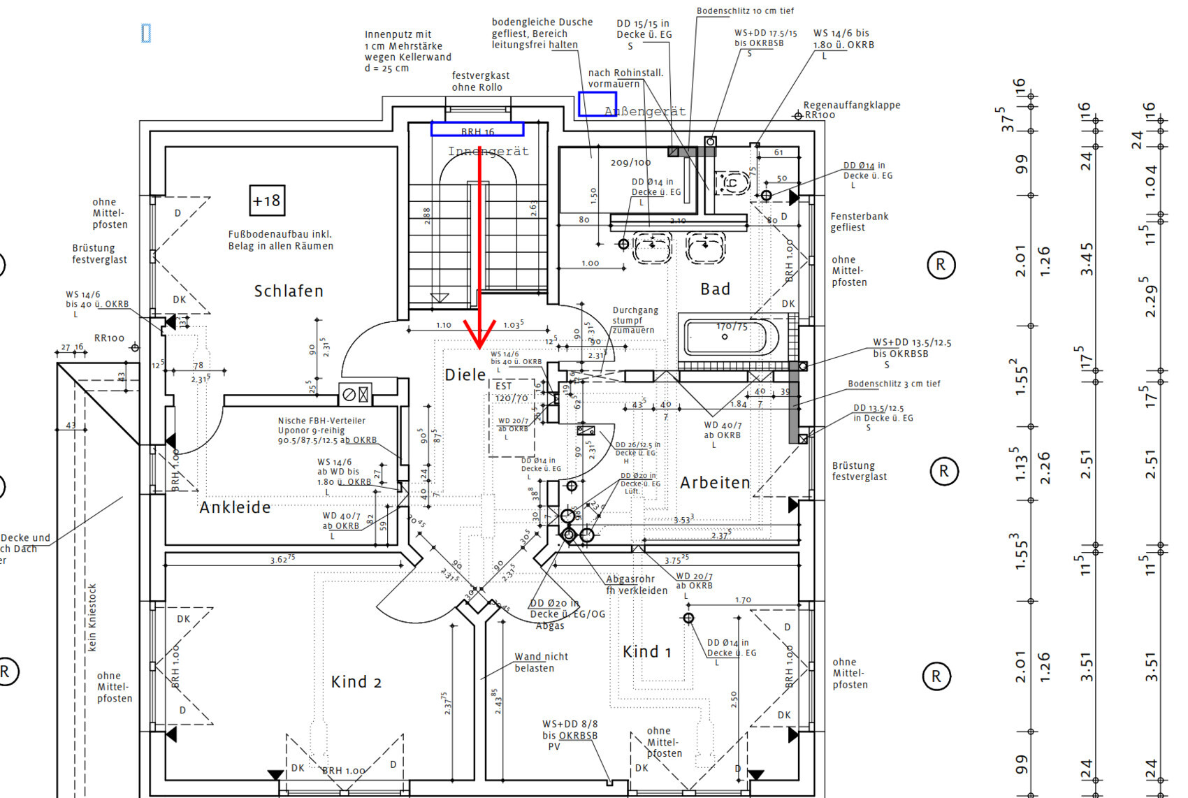 Floor plan of a residential house: Sleeping, Hallway, Bath, Work; red arrow marks Hallway.