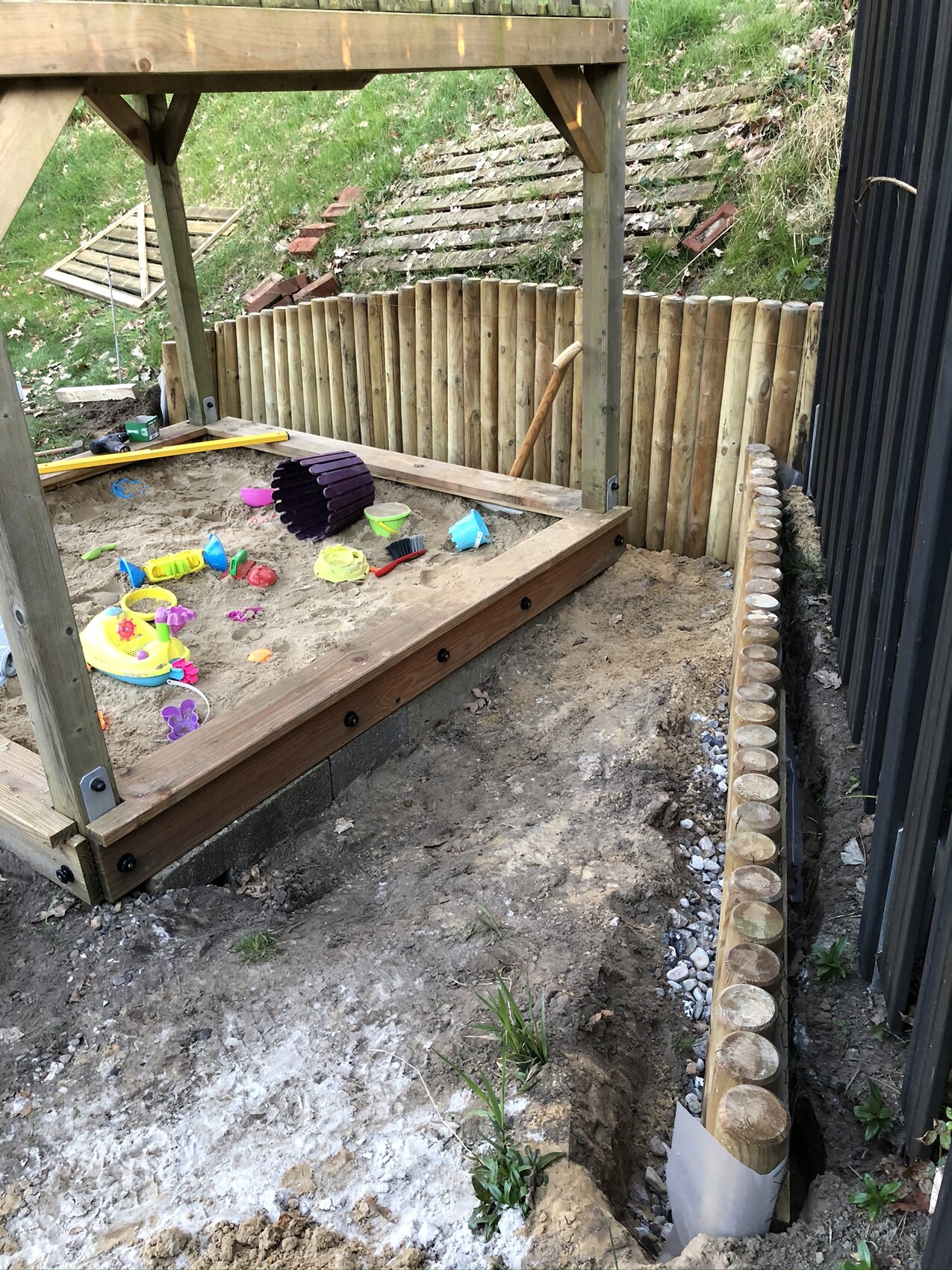 Wooden sandbox with colorful toys in the yard, bordered with wooden beams.