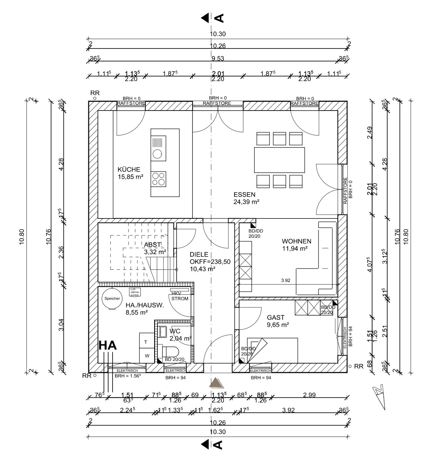 Floor plan of a house: kitchen, dining, living, hallway, guest room, storage, WC on the ground floor.