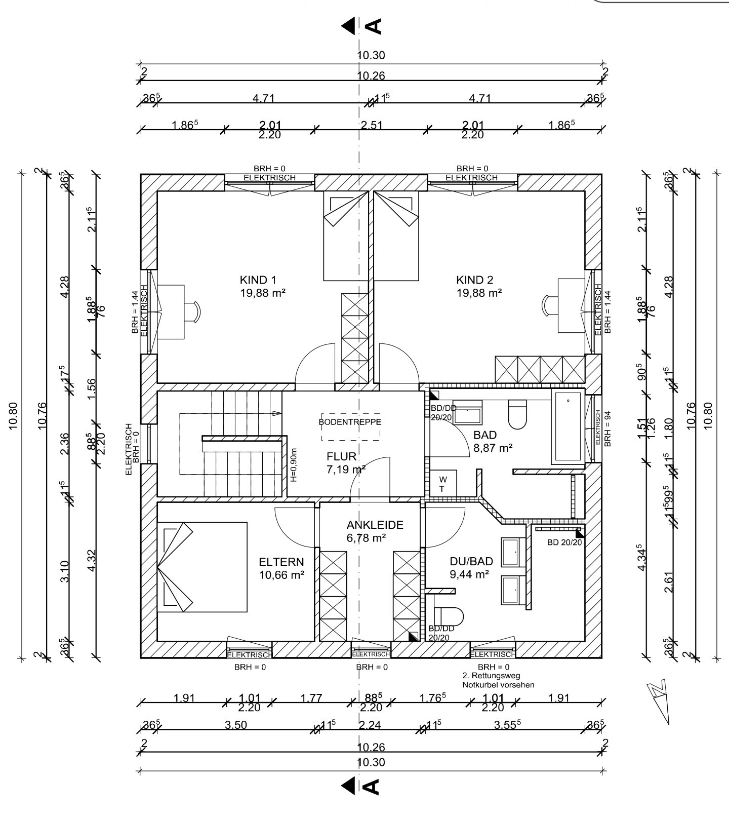 Floor plan of an upper floor: two children’s rooms, master bedroom, dressing room, hallway, and bathroom.
