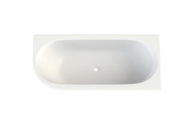 Oval, white freestanding bathtub, photographed from above, with central drain.