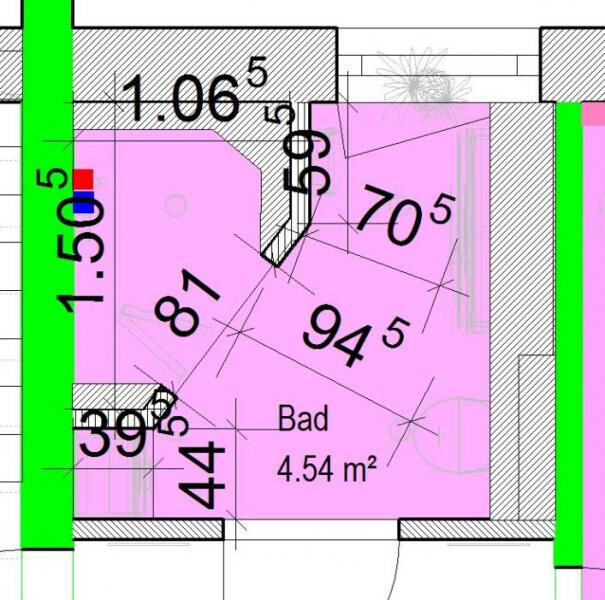 Bathroom floor plan in pink, bathroom area 4.54 m², with dimension lines.