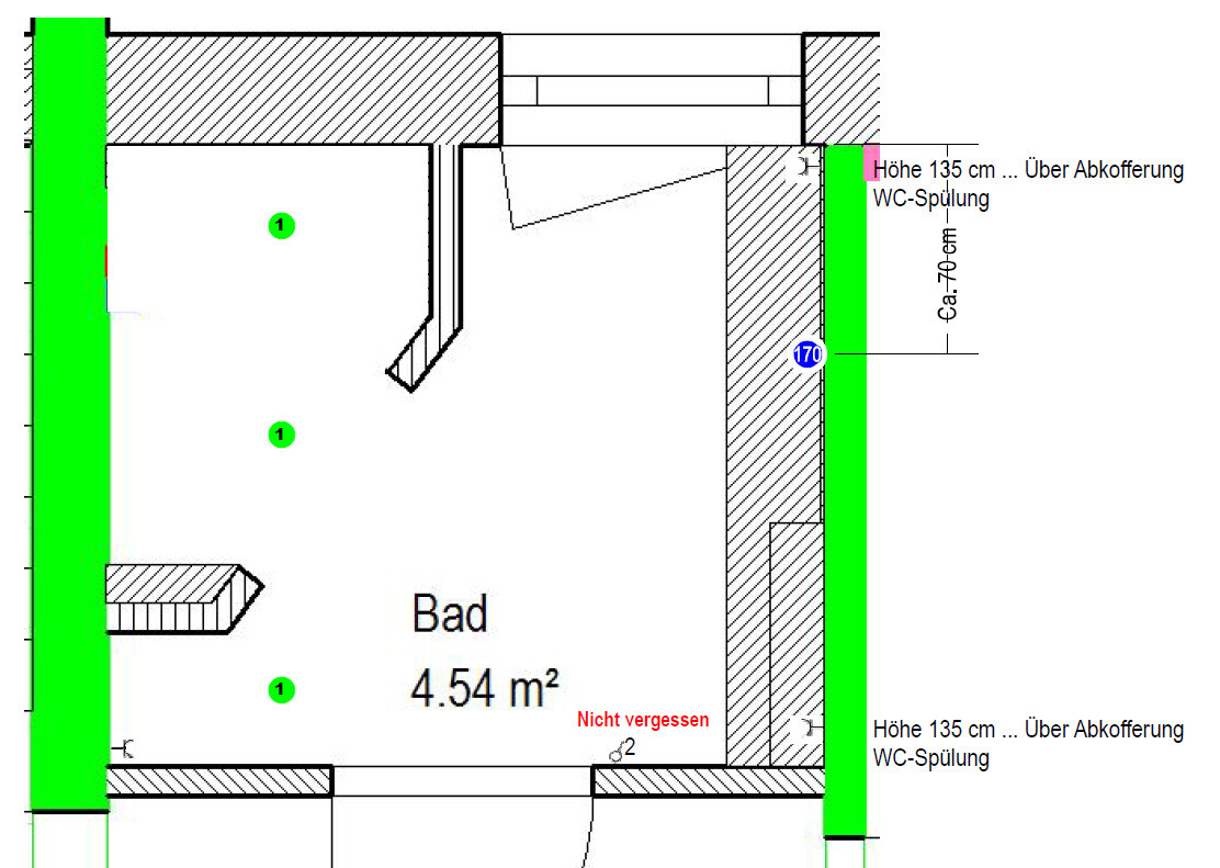 Bathroom floor plan, area 4.54 m², toilet flush, dimensions 135 cm, note 'Don't forget'.