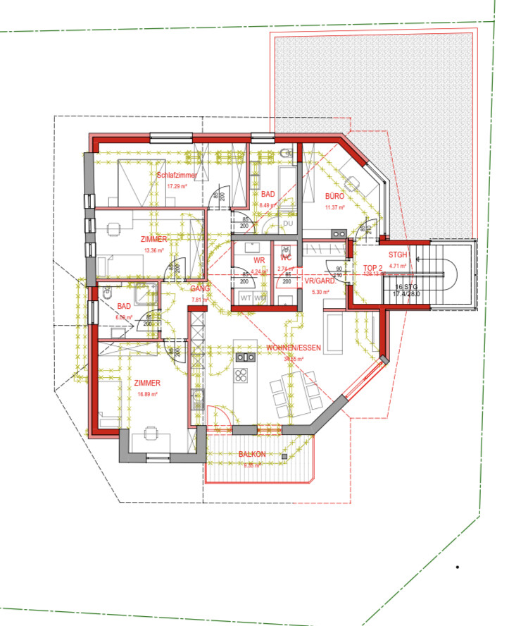 Floor plan of an apartment with bedroom, room, office, kitchen/living, bathroom, WC, balcony.