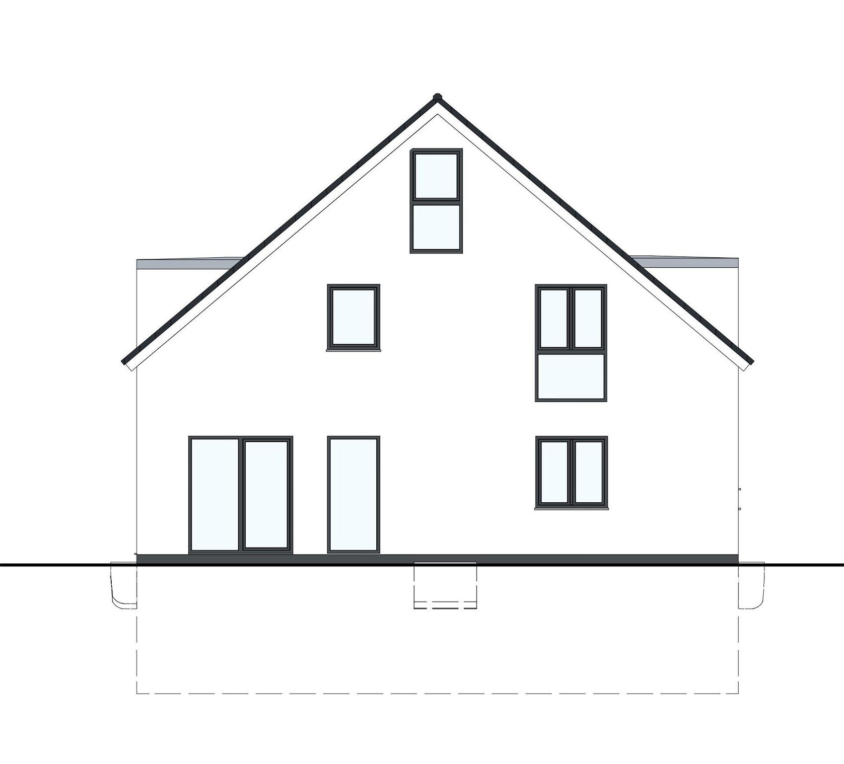 View of a modern single-family house with gable roof, white walls and large windows.