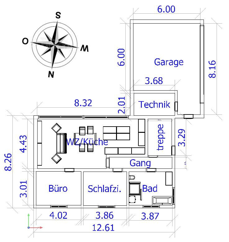Grundriss eines Hauses: Garage, Technik, Küche/WZ, Büro, Schlafzi., Bad, Gang, Treppe.