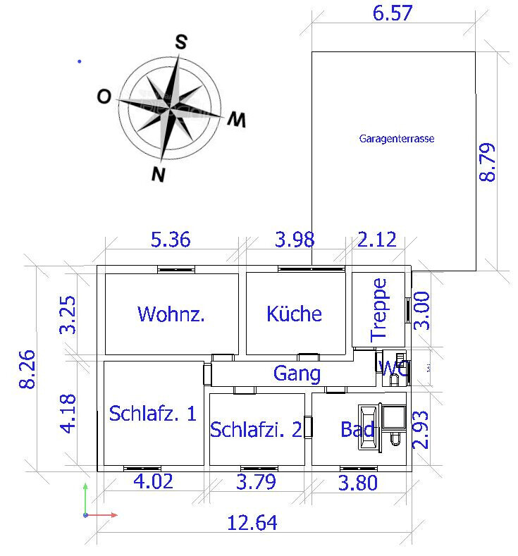 Grundriss eines Hauses: Wohnzimmer, Küche, Bad, Schlafz. 1+2, Gang, Treppe; Garage/Terrasse rechts.
