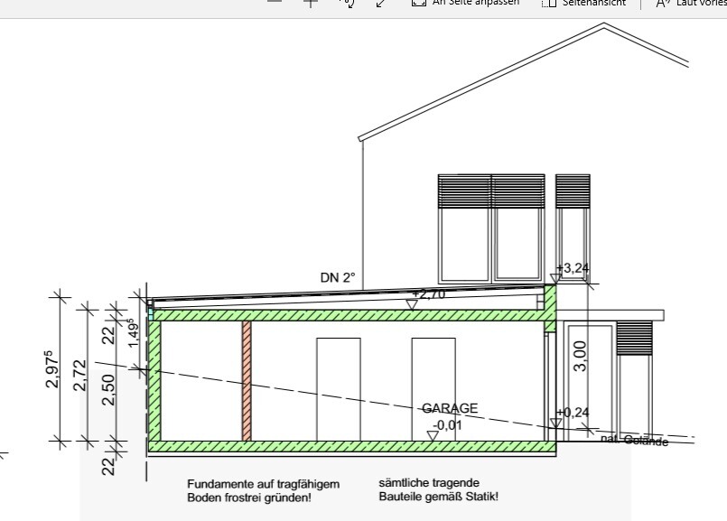 Schnitt durch ein Gebäudefundament mit Garage, Fundamentdetails und Dachansicht