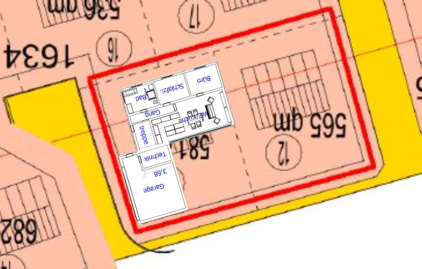 Plot with red border on a yellow surface; tiny floor plan with office and corridor rooms.