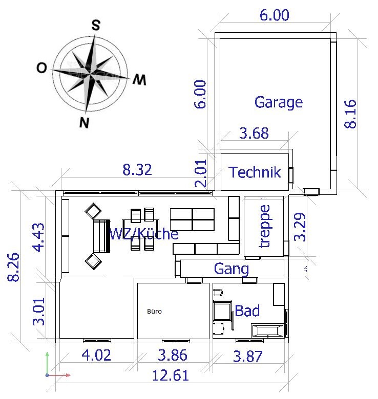 Floor plan of a house with garage, technical room, stairs, corridor, bathroom, office, and living/kitchen area