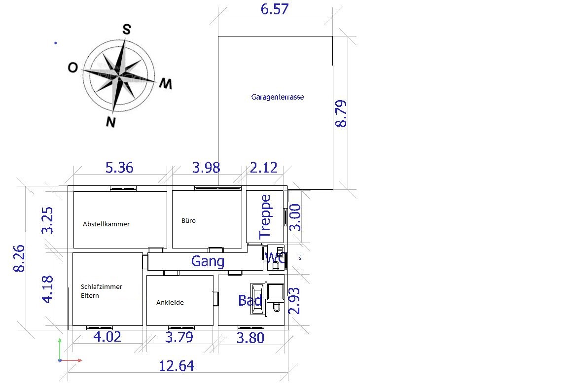 Floor plan of a house with parents’ bedroom, walk-in closet, bathroom, WC, office, corridor, stairs.