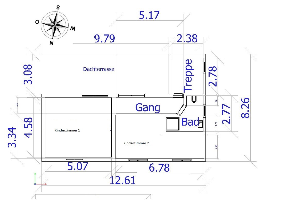Floor plan of a house with roof terrace, corridor, stairs, bathroom and two children’s bedrooms.