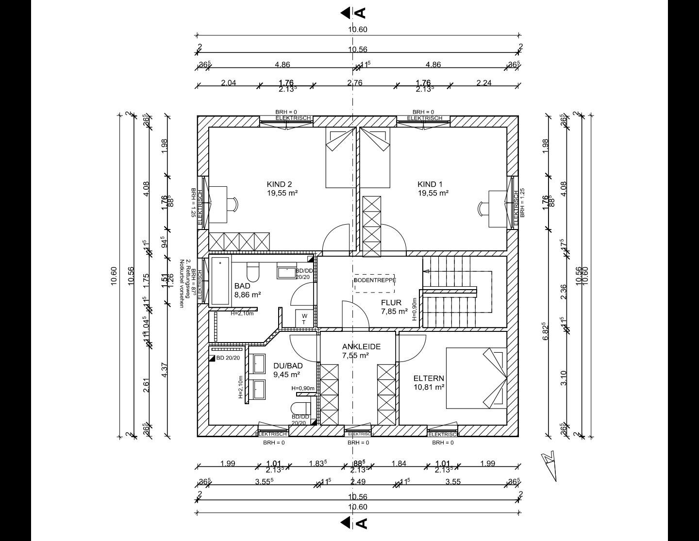 Grundriss eines Hauses: KIND 1, KIND 2, ELTERN, BAD, DU/BAD, ANKLEIDE, Flur, Treppenhaus