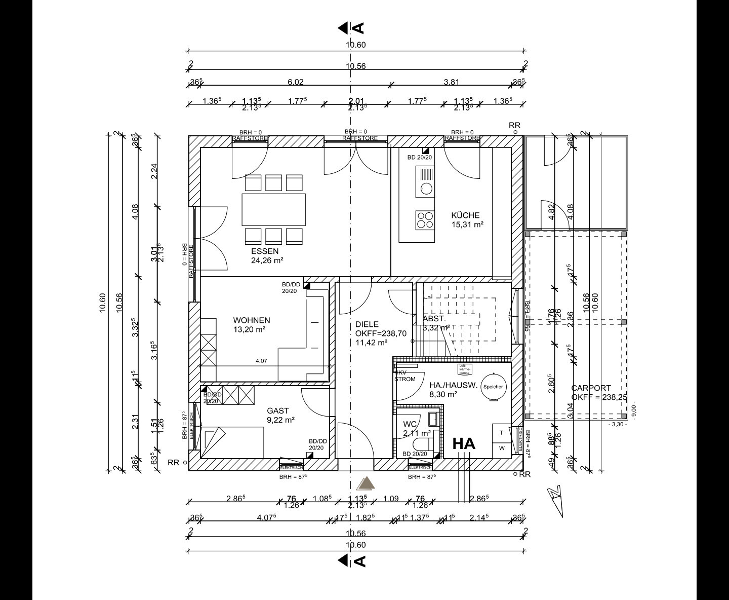 Grundriss eines Einfamilienhauses: Küche, Essen, Wohnen, Gäste, Diele, Abstellraum, Carport