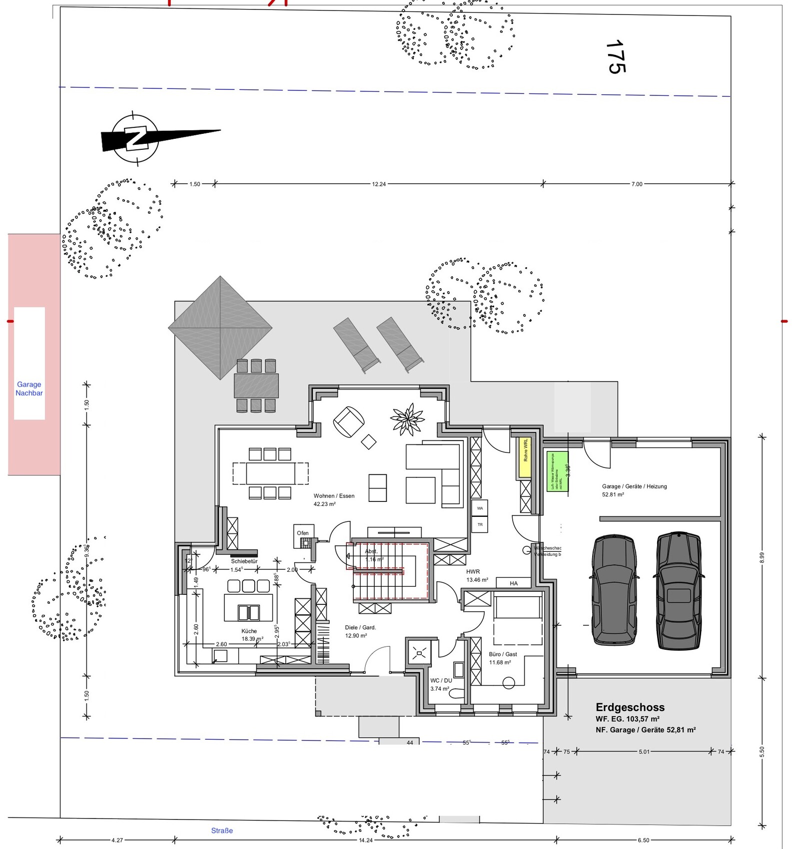 Ground floor plan: living room, kitchen, garage for two cars, garden.
