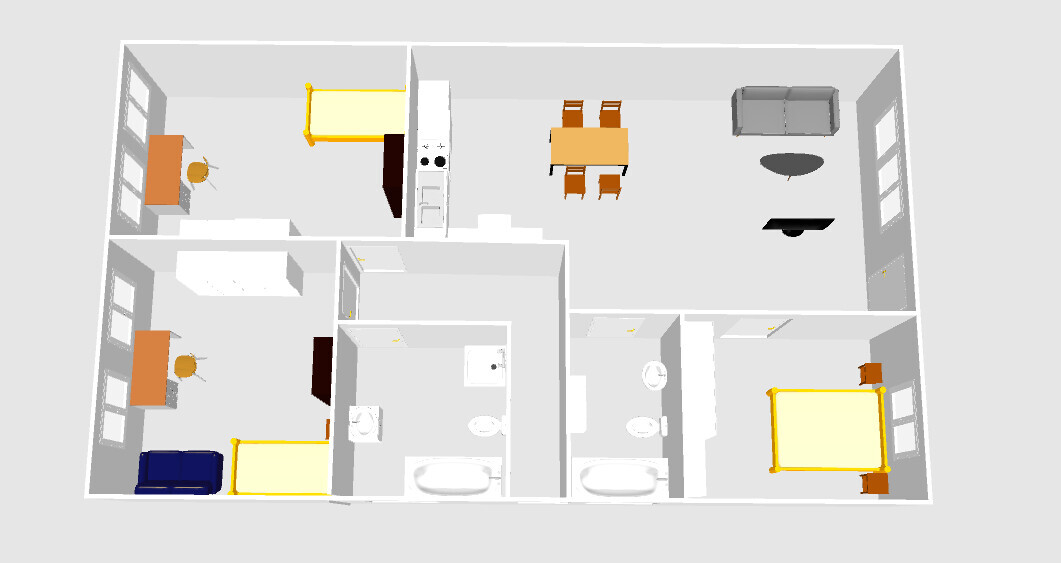 Floor plan of an apartment with kitchen, dining table, living room, three bedrooms and two bathrooms.