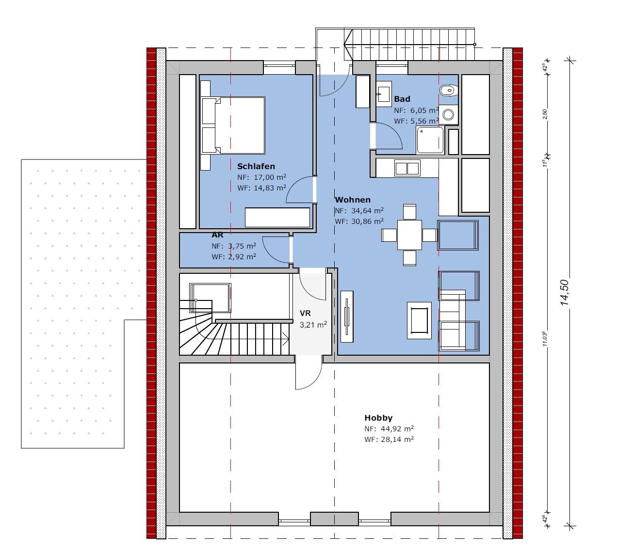 2D floor plan of a house with bedroom, living room, bathroom, hobby room and stairs