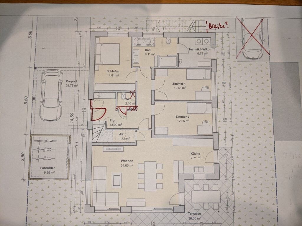 Floor plan of a single-family house with living room, kitchen, bedrooms and terrace