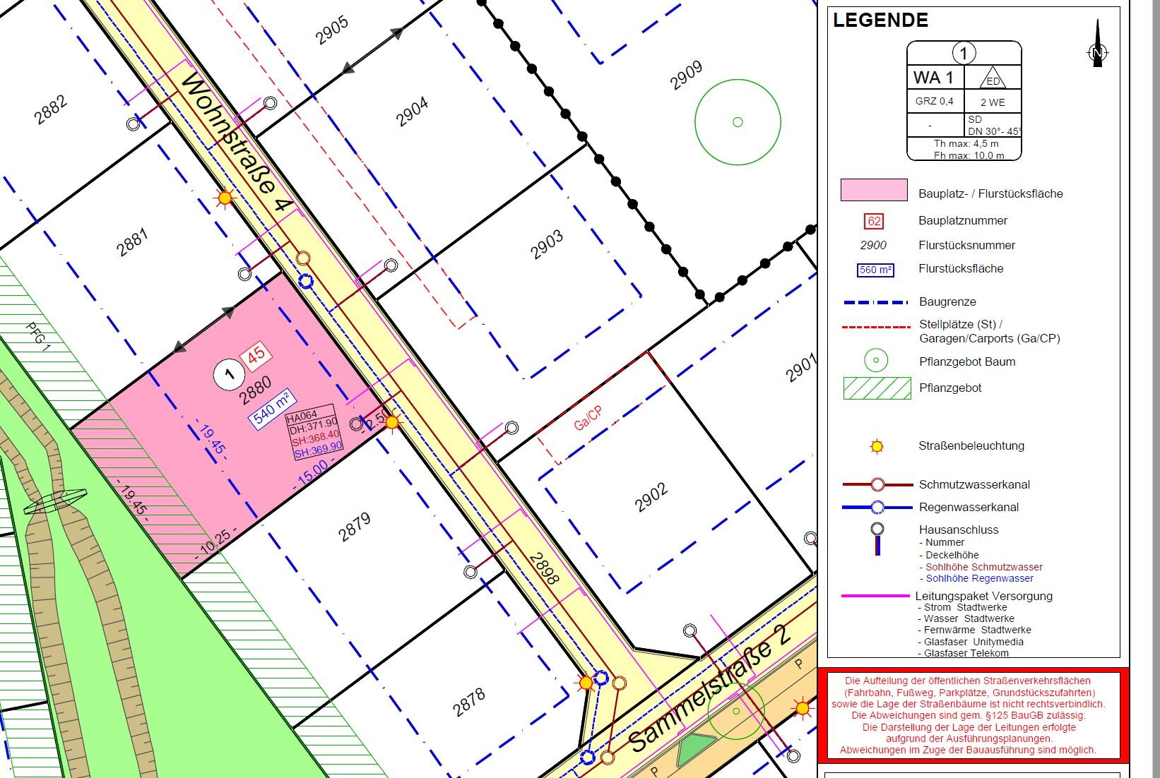 Site plan of a building plot with road layout, parcels and legend.