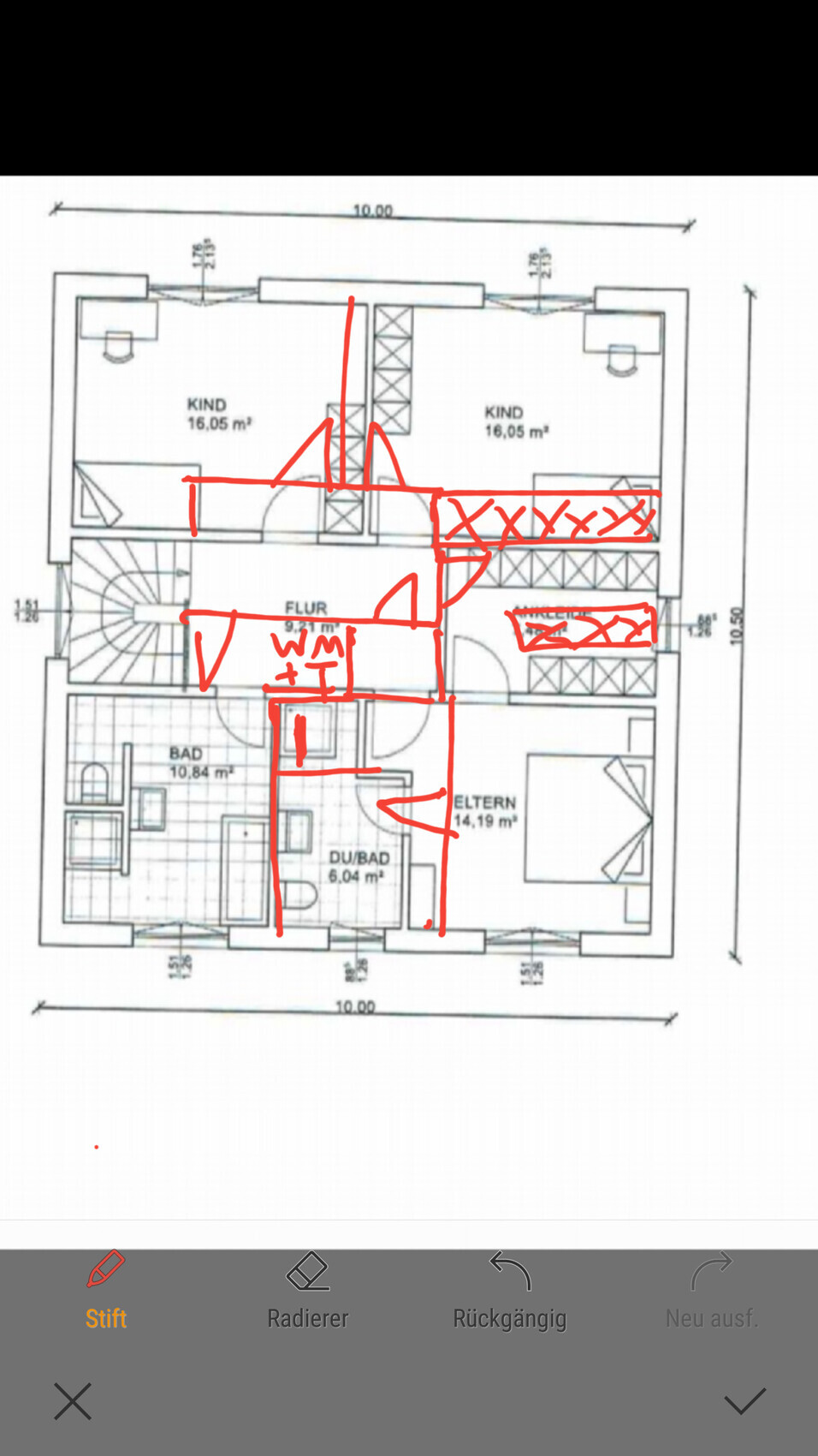 Floor plan of a house with two children’s rooms, master bedroom, hallway, and two bathrooms.