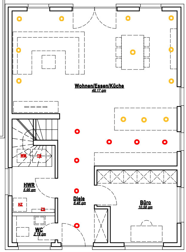 Floor plan of an open living/dining/kitchen area with office, hallway, WC, utility room, and staircase.