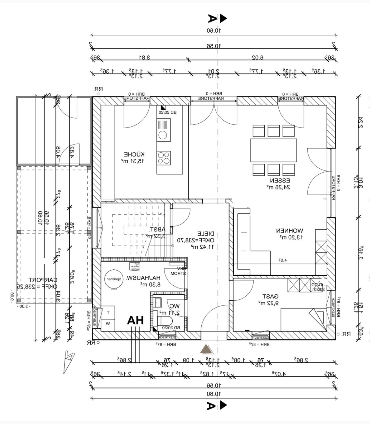 Floor plan of a house with kitchen, dining room, living room, and hallway