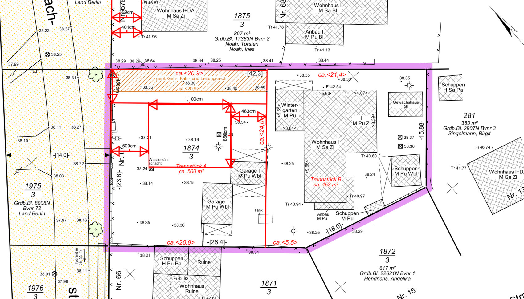 Site plan of a property with red border separating section A/B, buildings, access ways, and boundary lines.