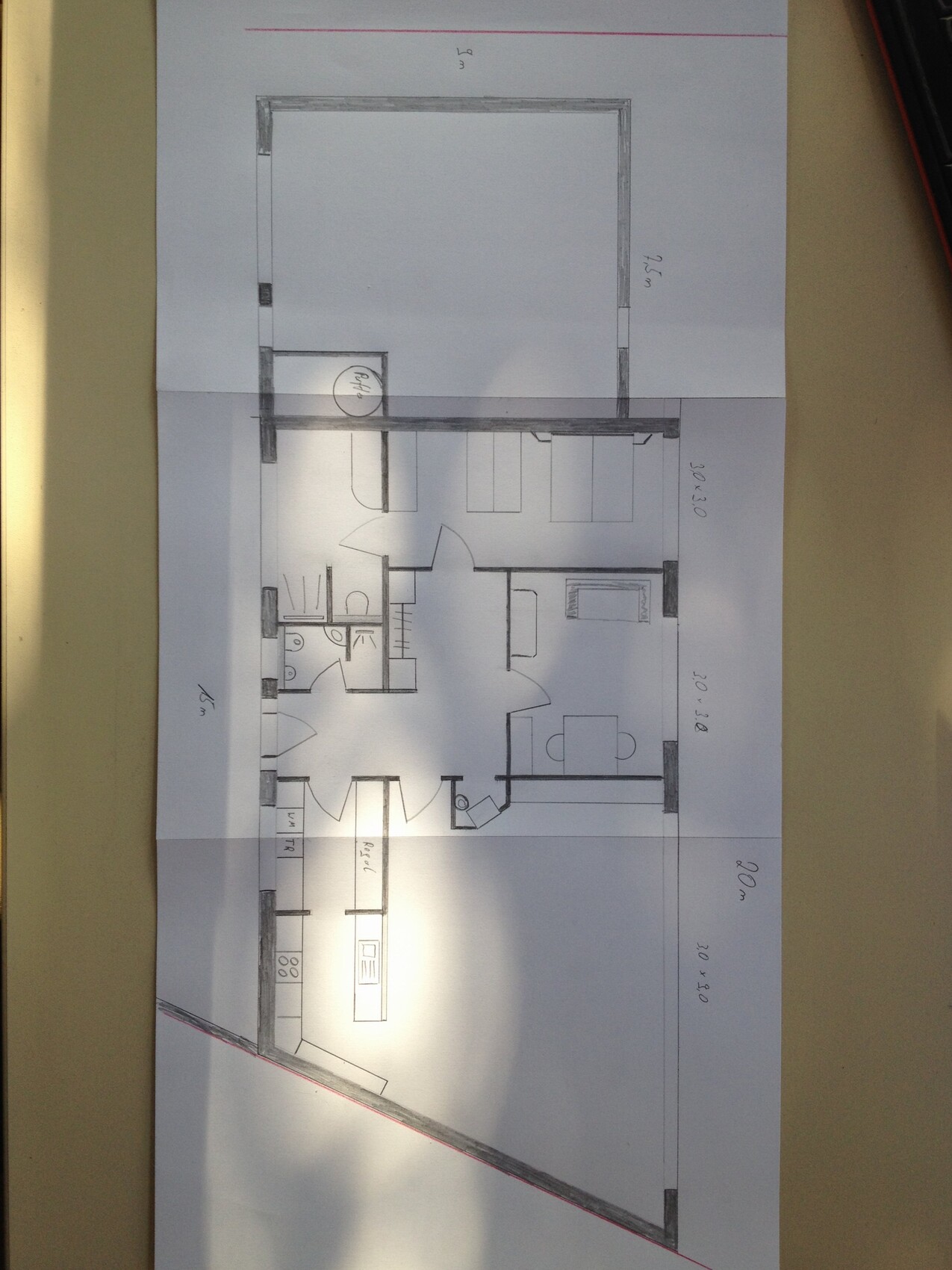 Layout of an apartment: kitchen with island, dining area, living room, hallway, bathroom, bedroom.