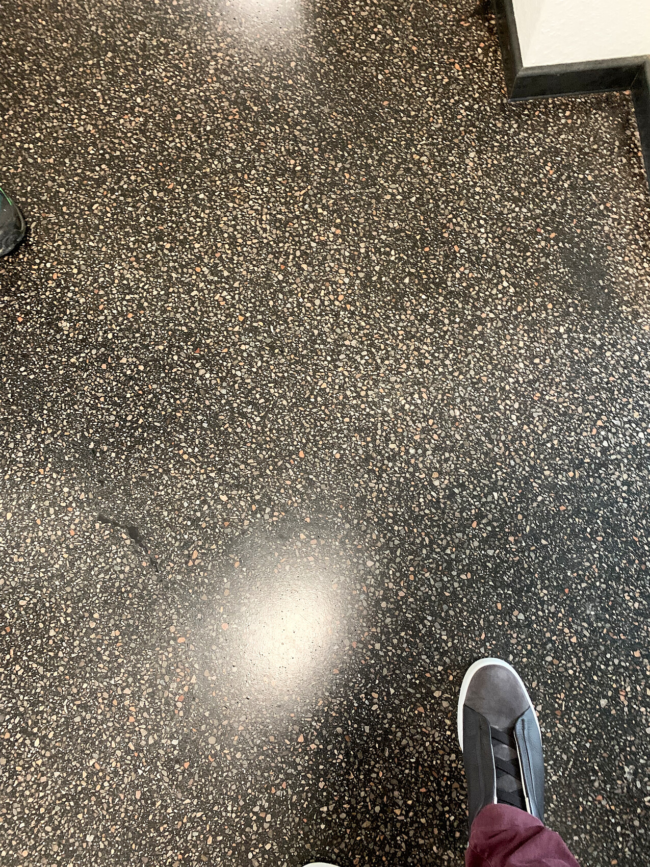 Dark terrazzo floor with colorful flecks; visible gray sneaker next to burgundy pants.