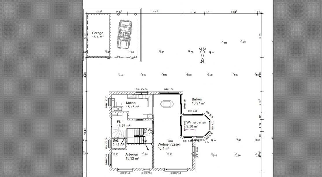 Floor plan of a house with garage, kitchen, hallway, living/dining area, balcony, and conservatory.