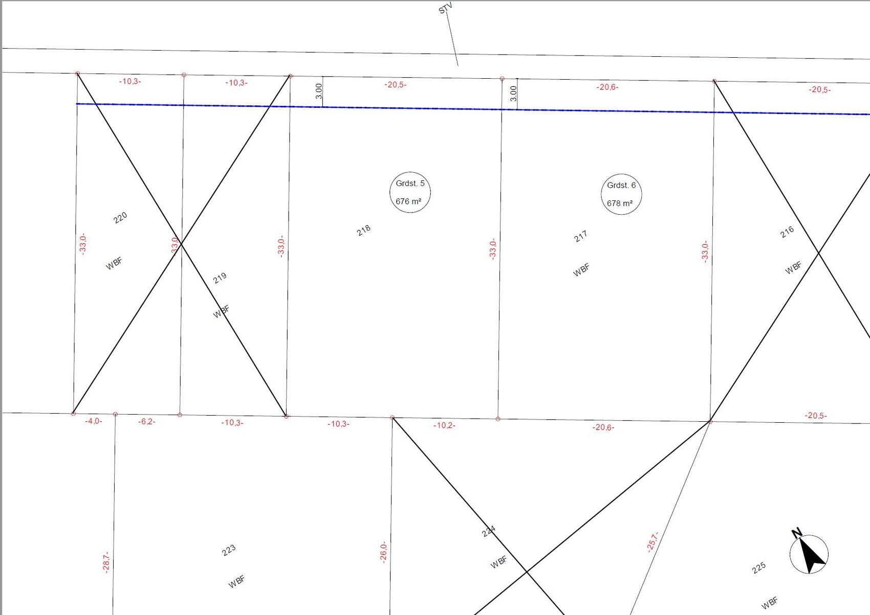Site plan of a building plot with parcels, dimensions, and orientation