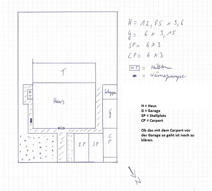 Hand-drawn plot plan sketch with house, garage, carport, and parking spaces