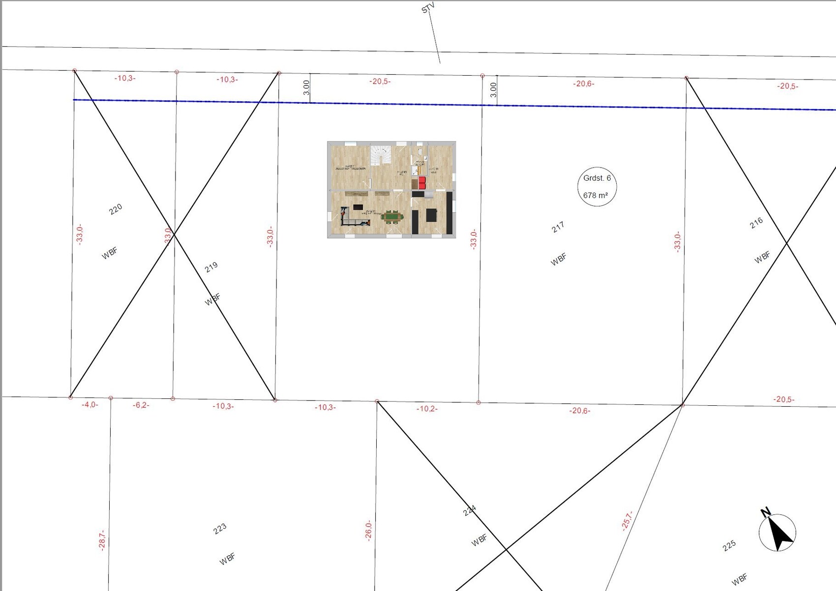 Site plan of a building plot with outline lines, measurements, and small interior layout