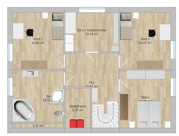 2D floor plan of a single-family house with hallway, bathroom, storage room