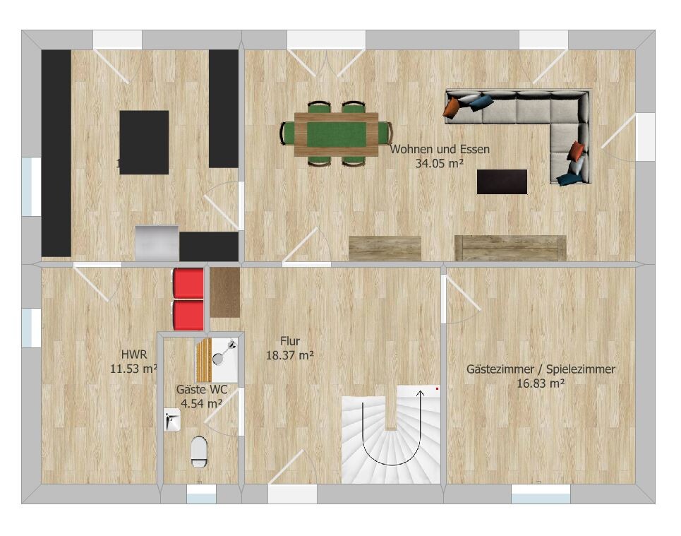 Floor plan of a house with living and dining area, guest room, corridor, and utility room
