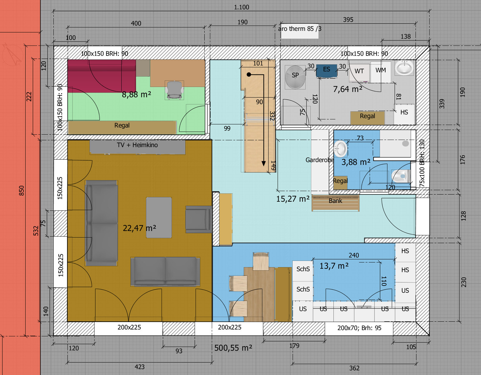 Detailed floor plan of a multi-room house with living room, kitchen, bathroom, and bedroom
